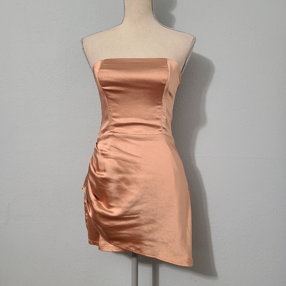 RESA Dress Womens Gold Satin Strapless Asymmetric‎ Mini Cocktail Dress NWT Small